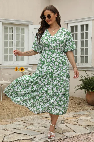 Vista 6 de Keluummi Vestido de verano para mujer, casual, bohemio, floral, manga 34, cintura imperio, escalonado, vestido de invitada de boda con bolsillo
