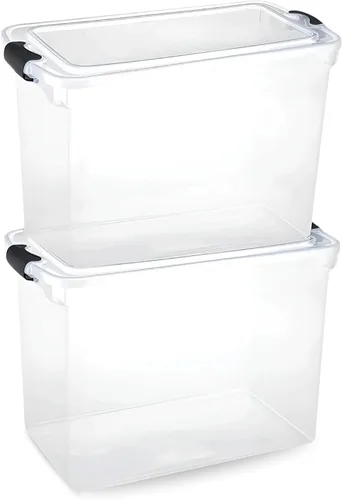 Vista 16 de HOMZ Paquete de 5 cubos organizadores de almacenamiento de plástico transparente, 7.5 cuartos de galón, pestillo azul, contenedores organizadores