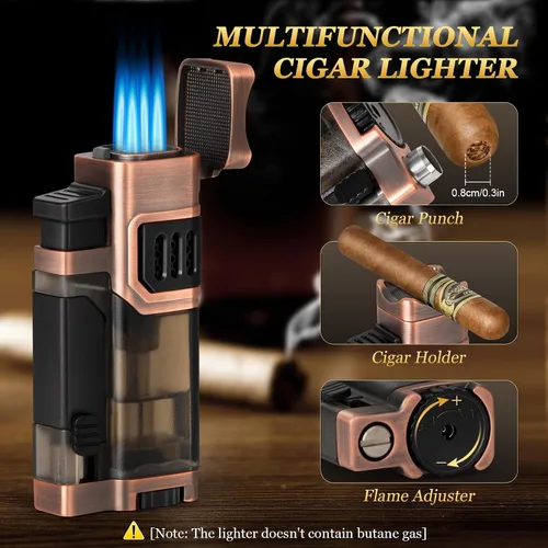 Vista 3 de Set de humidificador de puros de viaje con encendedor de antorcha, cenicero, soporte, humidificador y higrómetro, estuche de viaje portátil