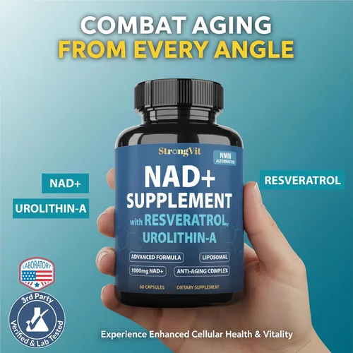Vista 7 de StrongVit Suplemento NAD con Resveratrol y Urolithin-A, Complejo Anti-Edad para Mujeres y Hombres. NAD Liposomal Plus, 1000mg de Potenciador NAD+