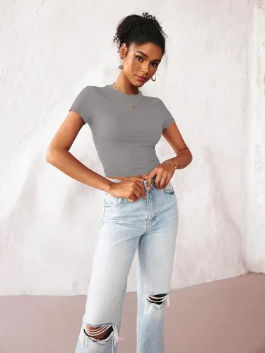 Vista 2 de TECREW Camiseta corta de verano para mujer, de manga corta, estilo casual, básica, cuello redondo, ajustada