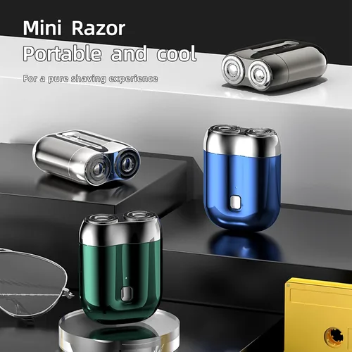Vista 7 de Mini afeitadora eléctrica de doble cabeza, afeitadora de bolsillo mejorada, maquinilla de afeitar de doble cabeza lavable, mini maquinilla de Azul