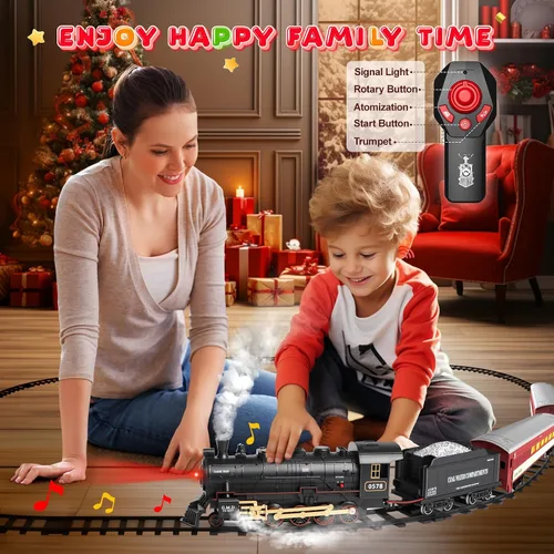 Vista 4 de Conjunto de Tren Hot Bee para Niños, Juego de Tren de Navidad con Control Remoto con Locomotora de Vapor, Coches de Pasajeros Ligeros y Pistas