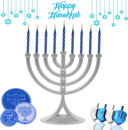 Vista 4 de Paquete de 2 mini menorá de plata mate Hanukkah con velas clásicas de 5 pulgadas, ideal para viajes, centro de mesa de decoración de Hanukkah