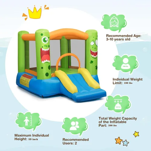 Vista 8 de BOUNTECH Casa Inflable de Rebote, Casa de Rebote para Niños Interior Exterior Fiesta con Área de Salto, Incluye Soplador, Bolsa de Transporte