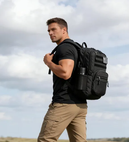 Vista 2 de Wotony Mochila táctica militar para hombres, bolsa de asalto de 3 días con sistema Molle para aventuras al aire libre (negro, 25L)