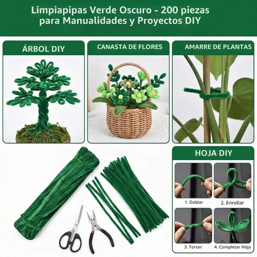 Vista 4 de Limpiapipas de Chenille Verde Oscuro (Paquete de 200) para Decoraciones de Manualidades DIY Creativas (12 x 0.24 pulgadas)