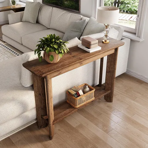 Vista 4 de LITTLE TREE Mesa de sofá de 41.3 pulgadas, mesa consola de madera maciza de 2 niveles para sala de estar, moderna mesa de sofá detrás del sofá, mesa
