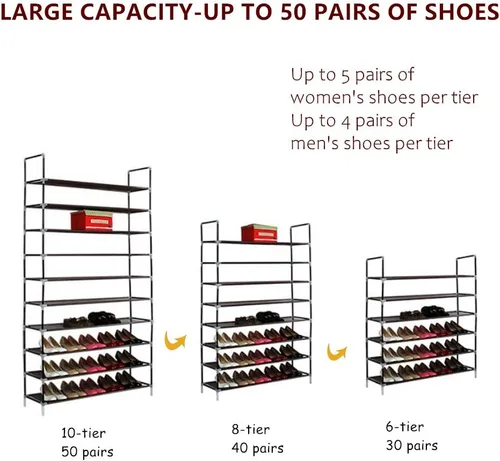 Vista 2 de Zapatero de 10 niveles, 50 pares de organizador de zapatos de tela no tejida, gabinete organizador de torre de zapatos, estante de ahorro de espacio