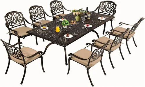 Vista 8 de TITIMO Juego de comedor de 7 piezas de aluminio fundido para patio, muebles de comedor al aire libre, juego de conversación de patio, mesa
