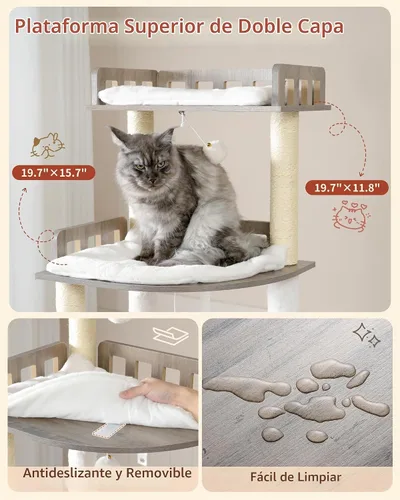Vista 4 de Heybly Árbol para Gatos, Torre Alta de Madera de 70.5 Pulgadas para Gatos Grandes de Interior con Estructura Extra Estable, Muebles Modernos