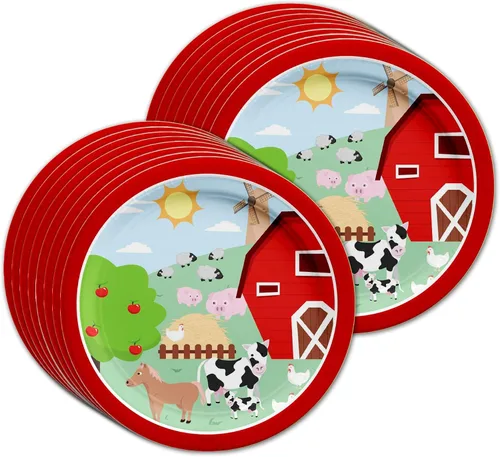 Vista 2 de Set de artículos para fiesta de cumpleaños de animales de granja y granero, platos, servilletas, vasos y utensilios para 16 invitados