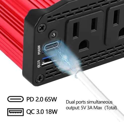 Vista 4 de ALLWEI Inversor de coche de 300 W con puerto USB 3.0 USB-C de 65 W - CC 12 V a 110 V (rojo y azul)