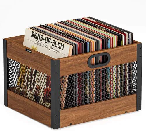 Vista 7 de X-cosrack Caja de almacenamiento de discos de vinilo, organizador de discos LP de madera, con capacidad para 60 a 80 discos cada uno, 2 paquetes