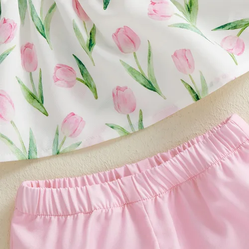 Vista 7 de Conjunto de ropa de verano para niña pequeña, con lazo fruncido, camiseta y pantalones cortos, tulipán, floral, lindos trajes para niñas pequeñas