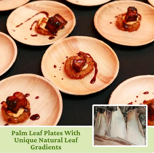 Vista 5 de Dtocs Platos de hoja de palma redondos de 7 pulgadas (50) Platos de bambú desechables de aspecto compostable para cóctel, aperitivo, postre, mini