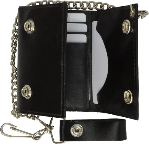 Vista 3 de Cartera de motociclista de piel auténtica negra con diseño de calavera de cadena, Negro -, Billetera triple