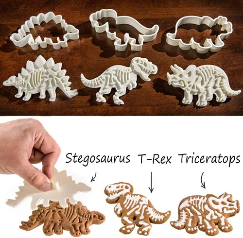 Vista 2 de Jurassic - Juego de cortadores de galletas y sellos de esqueleto T-Rex Stegosaurus Triceratops Fossil - Juego de cortadores de galletas fósiles
