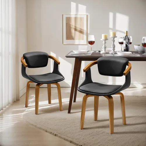 Vista 12 de Zouron Silla de escritorio sin ruedas, moderna silla de oficina de madera, silla de cuero sintético con brazo para sala de estar, dormitorio