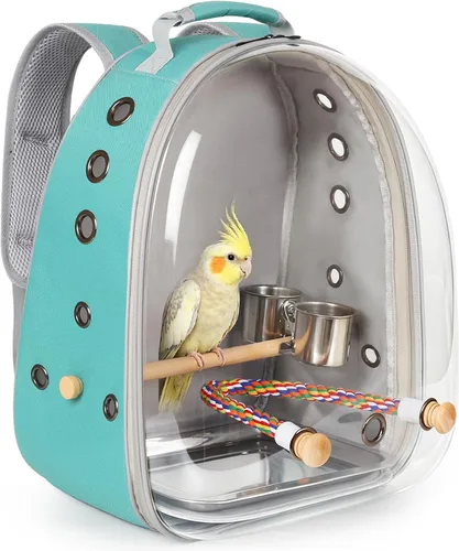 Vista 12 de Jaula de transporte de pájaros, cápsula de espacio transparente, mochila de astronauta para llevar periquitos, cacatúas, loro con bandeja de metal