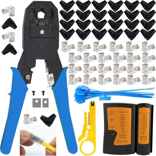 Vista 7 de LEATBUY Crimper Cat5/Cat5e/Cat6 Crimping Tool RJ45 Crimp Tool Set for RJ11/RJ12 Internet Wire Crimp Tools Set Kits with Net Connectors, 30PCS Covers