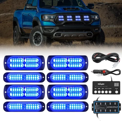 Vista 32 de Nilight 8 luces estroboscópicas LED con controlador 12 V 24 V función de sincronización verde luz de advertencia de peligro de emergencia 12 24 LED