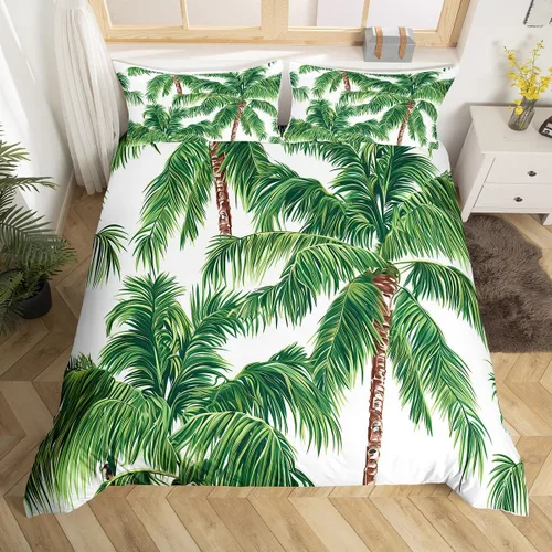 Vista 3 de Feelyou Juego de ropa de cama tropical con temática de playa hawaiana, juego de funda de edredón con estampado de palmeras y palmeras de océano
