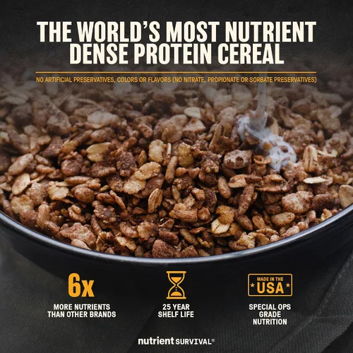 Vista 3 de Nutrient Survival Cereales MRE, crujientes de grano de chocolate (12 porciones), suministros de preparación liofilizados y suministro de alimentos