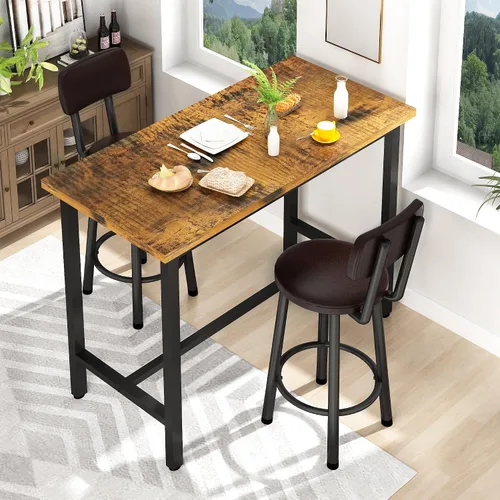 Vista 3 de Juego de mesa de bar y sillas de 3 piezas para 2, juego de comedor rectangular de altura de mostrador, mesa de bar y taburetes para 2, juego
