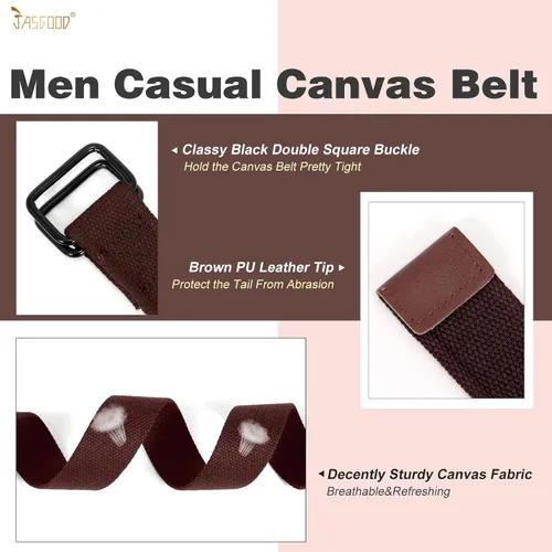 Vista 4 de JASGOOD Cinturones de tela de lona para hombres y mujeres, cinturones de tela con hebilla de doble anillo negro, paquete de 2