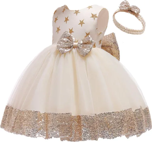 Vista 4 de Vestido de bebé de 12M-6Y con lentejuelas, lazo, flores, encaje, boda, concurso, tutú, vestido con gorro
