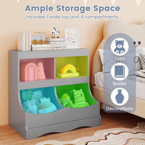 Vista 4 de Costzon Organizador de almacenamiento de juguetes, estantería para niños de 4 compartimentos con estribo y tarjeta de nombre, estantería de madera