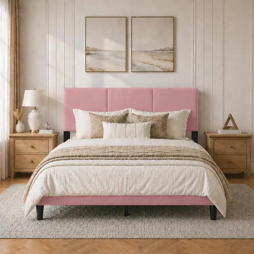 Vista 9 de Marco de cama tamaño Queen con cabecero – Marco de cama de plataforma resistente tapizado con canales verticales acolchados elegante con listones