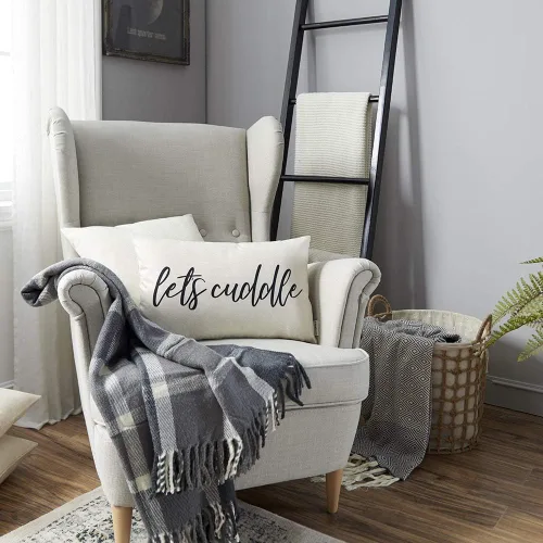 Vista 4 de Fundas de almohada de granja con cita Let's Cuddle de 12 x 20 pulgadas, decoración rústica de granja, fundas de almohada lumbar con texto en inglés