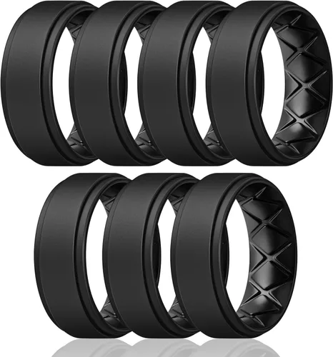 Vista 14 de Egnaro - Anillos de boda de silicona con borde escalonado para hombres con diseño de arco en el interior, 7, 4 y 1 anillo, cómodos para entrenar