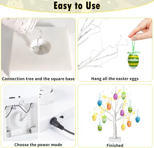 Vista 10 de Árbol de abedul iluminado de Pascua de 24 pulgadas con 12 adornos, LED blanco cálido, árbol artificial de mesa, 8 modos de iluminación USB