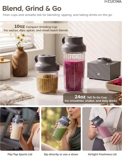 Vista 14 de iCucina Cubetto - Licuadora personal compacta de 1000 W y herramienta aromática, mezcladora minimalista para bebidas congeladas, batidos y batidos