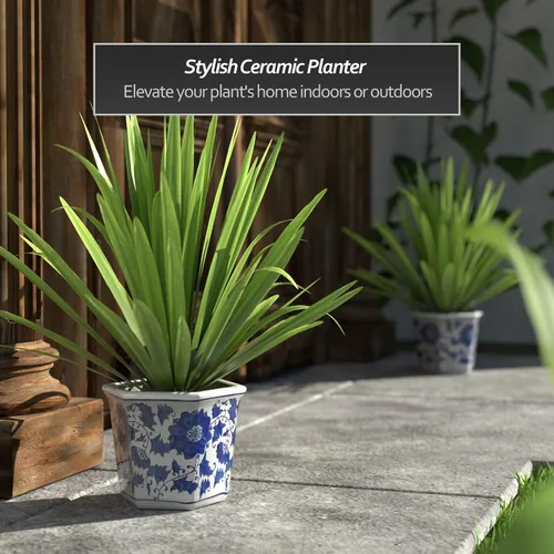 Vista 2 de Red Lantern Maceta hexagonal de 8" - Floral azul y blanco