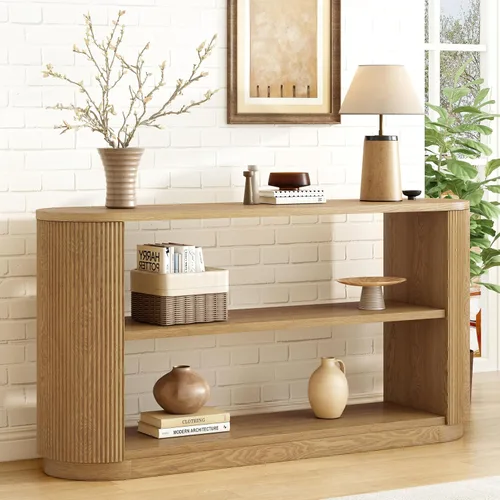 Vista 21 de 50" Modern Art Sculptural Console Table, Oval Cutout Legs, Wood Veneer, Thick Rounded Tabletop, Contemporary Entryway Sofa Table for Living Room