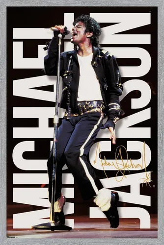 Vista 17 de Michael Jackson - Póster de pared con micrófono de rendimiento, 22.4 pulgadas de largo x 14.7 pulgadas de ancho, versión enmarcada de madera