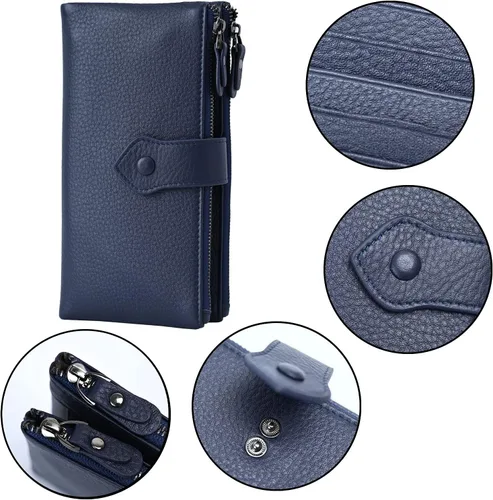 Vista 3 de Bveyzi Carteras delgadas de cuero suave para mujer, con bloqueo RFID, doble bolsillo con cremallera
