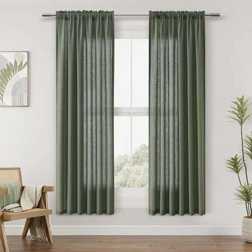 Vista 86 de Cortinas de lino verde aguamarina de 84 pulgadas de largo, juego de 2 paneles semitransparentes con bolsillo para barra para comedor, decoración