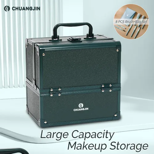 Vista 7 de Estuche de Maquillaje 2 Bandejas Caja Organizadora de Maquillaje Estuche de Maquillaje de Viaje Portátil con Cerradura Organizador de Almacenamiento