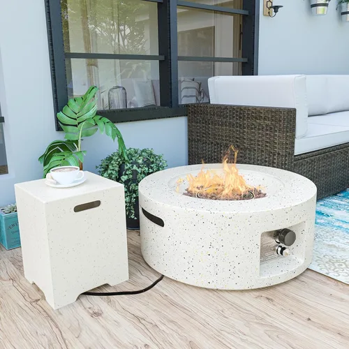 Vista 11 de HOMPUS Fogata de propano para exteriores, 40,000 BTU de 28 pulgadas, mesa redonda de hormigón de terrazo blanco con rocas de lava y cubierta