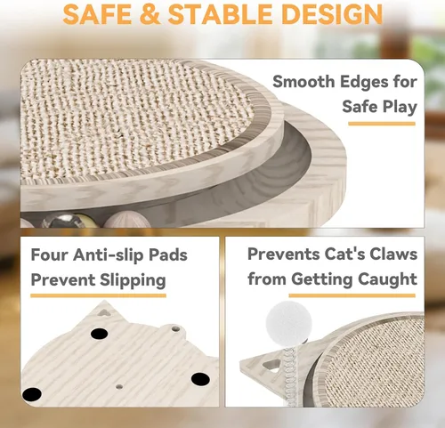 Vista 4 de Tablero rascador para gatos con sisal natural, juguete interactivo para gatos con bola de resorte, almohadilla rascador duradera para gatos