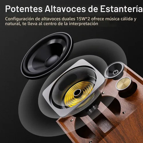 Vista 5 de Tocadiscos de vinilo con altavoces externos, tocadiscos estéreo vintage de 3 velocidades para discos de vinilo, entrada Bluetooth, parada automática