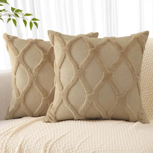 Vista 15 de decorUhome - Juego de 2 fundas de cojín decorativas para primavera de 16 x 16 pulgadas, fundas de almohada afelpadas de lana y piel sintética suave