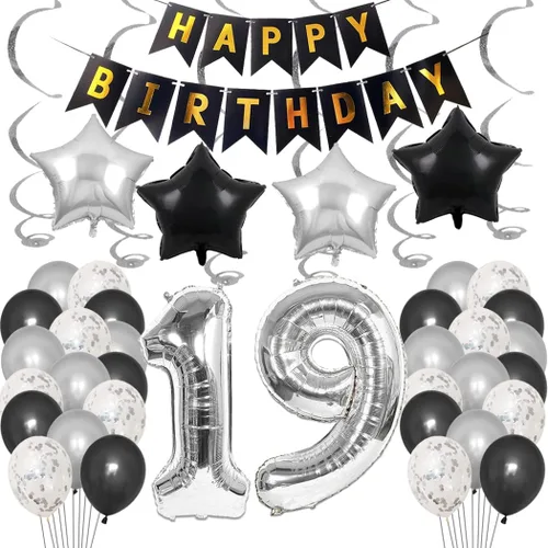 Vista 12 de Juego de decoraciones de fiesta de cumpleaños número 14 para niñas, niños, mujeres y hombres, pancarta de letras negras de feliz cumpleaños, globos