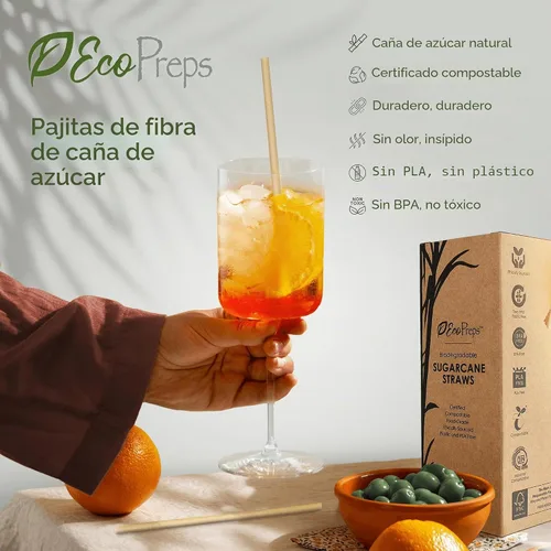 Vista 5 de EcoPreps Pajitas biodegradables de caña de azúcar, 150 unidades, 100% compostables, sin plástico y ecológicas, popotes desechables de fibra