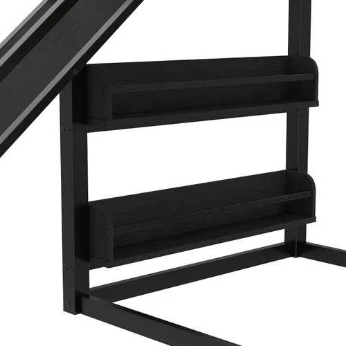 Vista 7 de Cama tipo loft de metal individual con estanterías deslizantes y de almacenamiento, marco de cama de metal resistente con aro de baloncesto, anillos